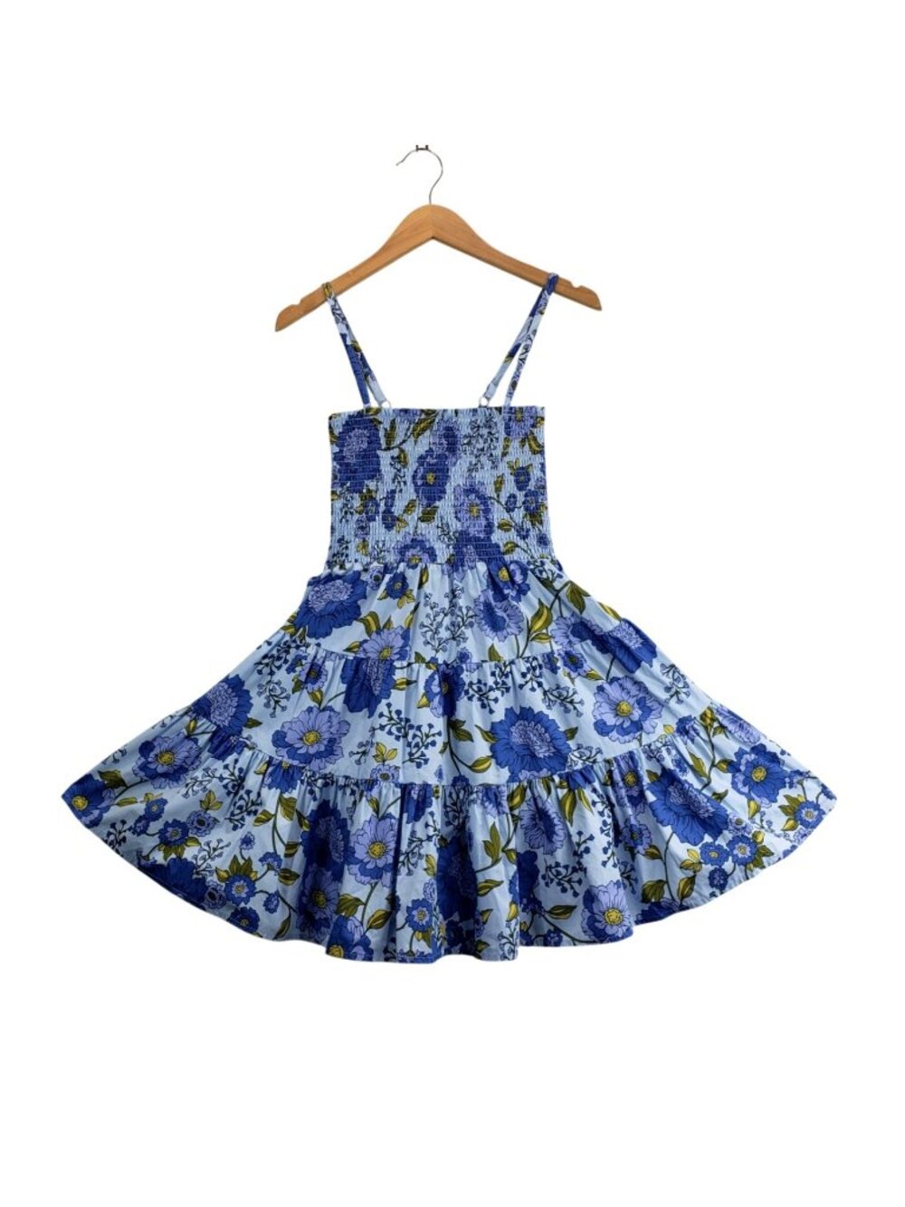 Blue Floral Sun Dress Mid-Thigh Mini XS Steve Madden Adjustable Straps Smocked - Picture 2 of 13